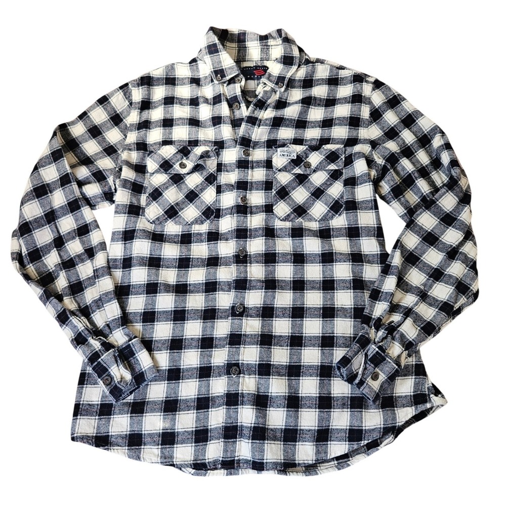 Perry Ellis America Mens Large Flannel Shirt Navy Blue Cream Plaid Button Down